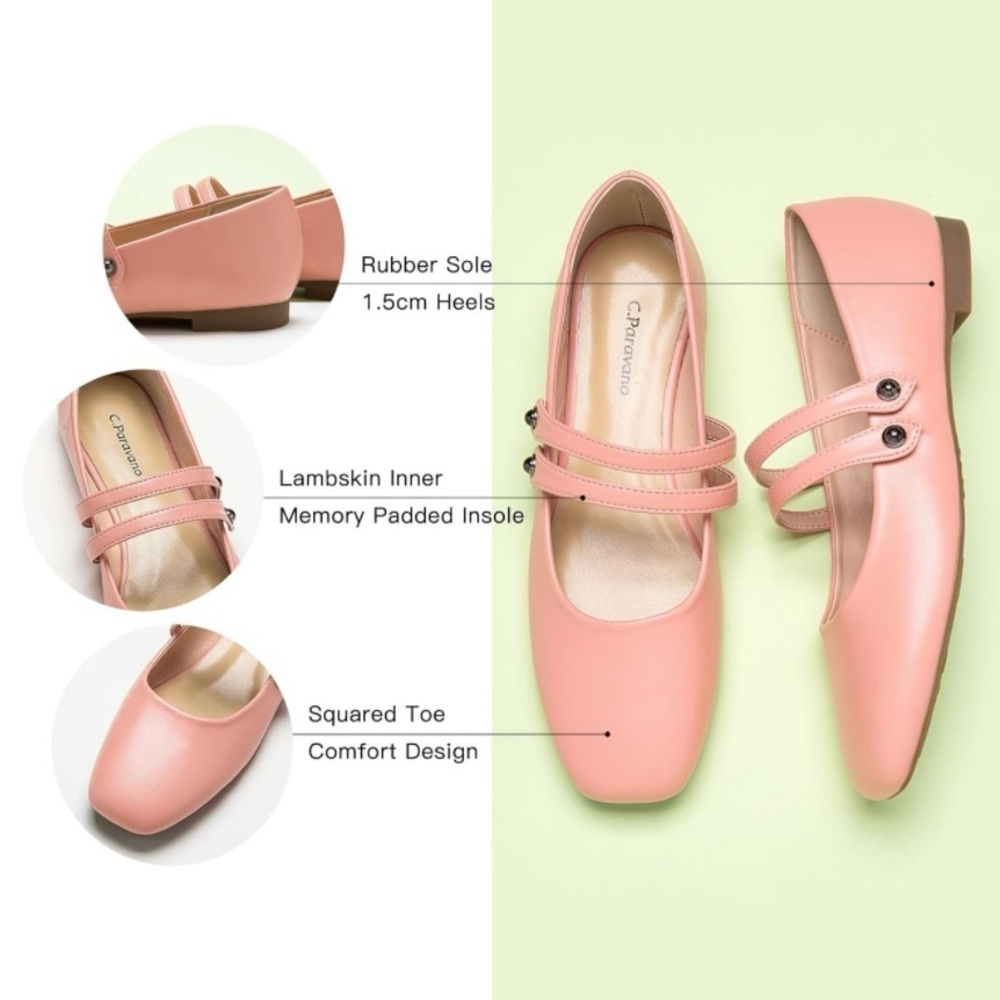 NWOT C. Paravano Square Toe Double Strap Mary Jane Flats in Pink Size 41 = 10.5 - Picture 3 of 16